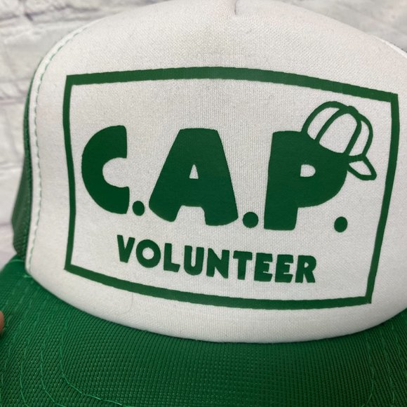 Vintage Hat Cap Snapback Green White C.A.P. Volunteer Trucker Mesh Print AJM 90s - Picture 6 of 8